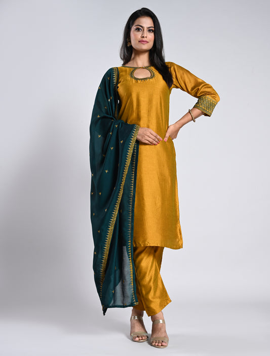 Vibrant Mustard Straight Cut Kurti Set with Contrast Dupatta