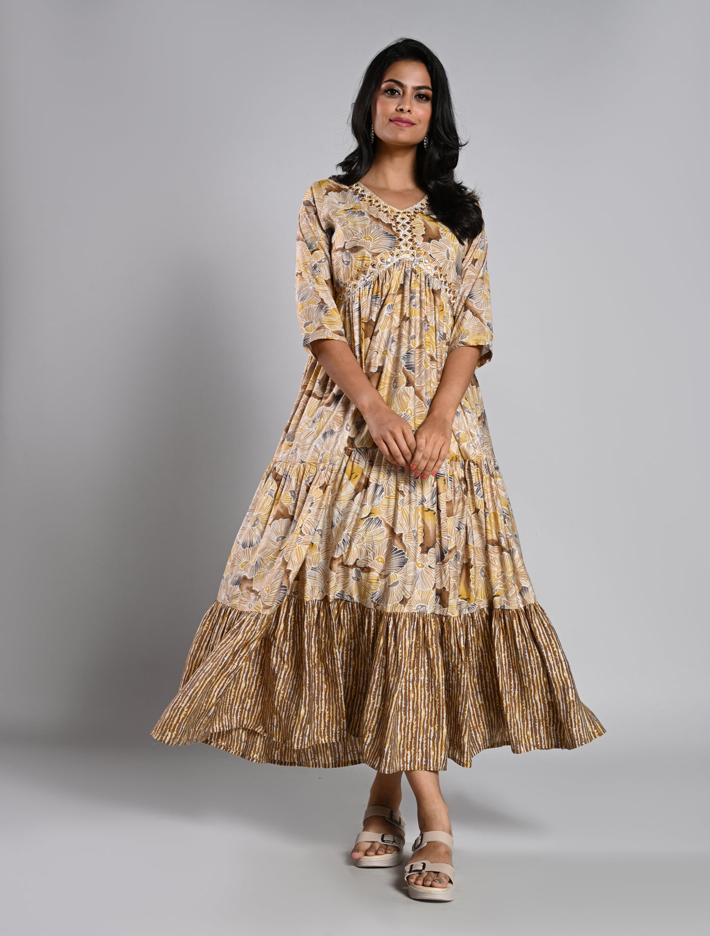 Mustard Printed Layered Alia Cut Kurti