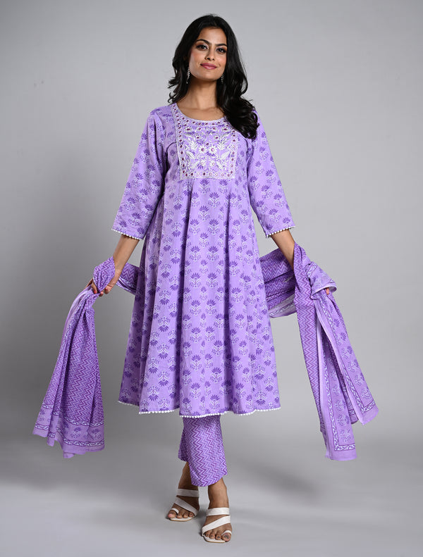 Lilac Anarkali Printed Cotton Kurti Set with Dupatta