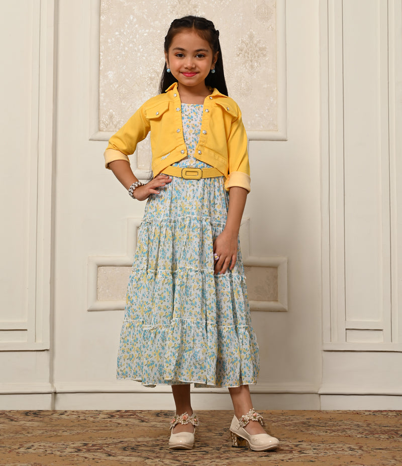 Yellow and Blue Floral Printed Frock with Jacket for Girls