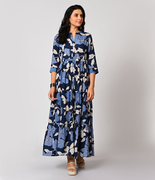 Blue Floral Printed Long Kurti