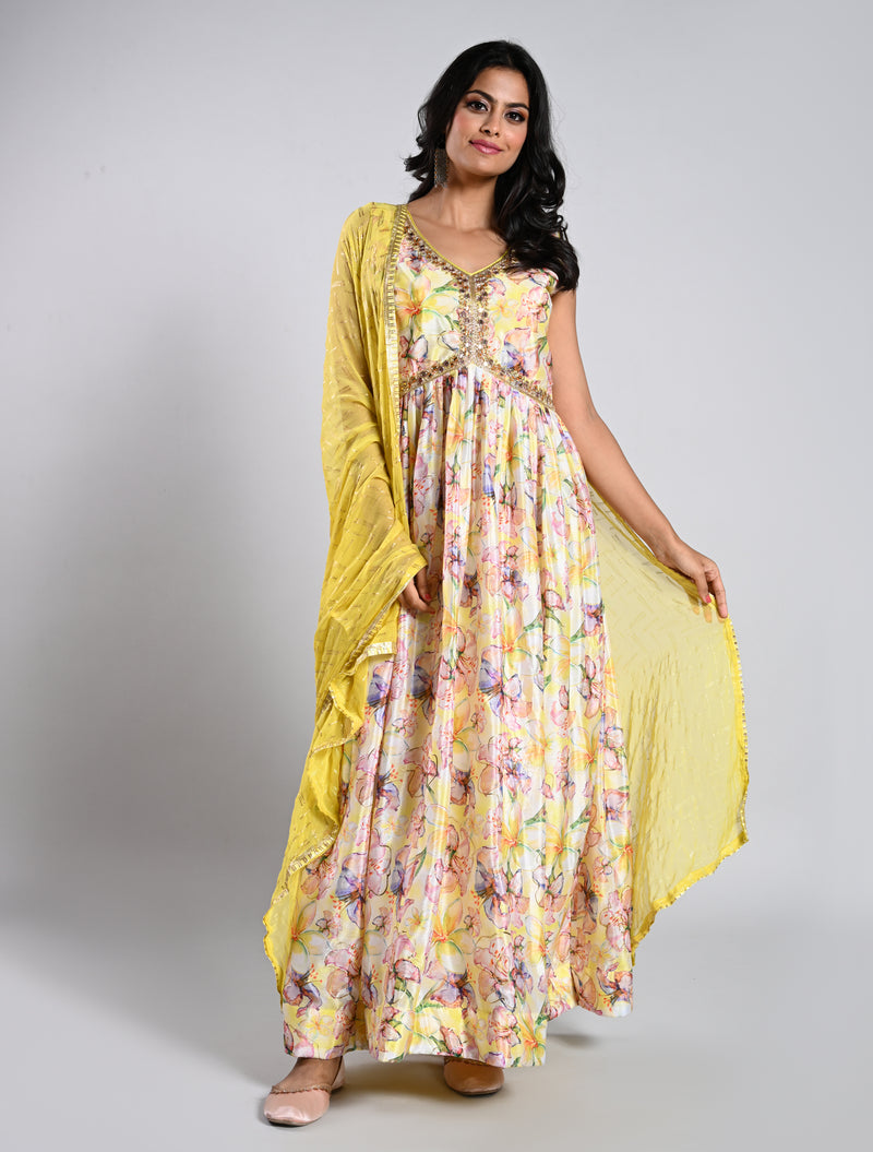 Elegant Yellow Floral Printed Alia Cut Gown