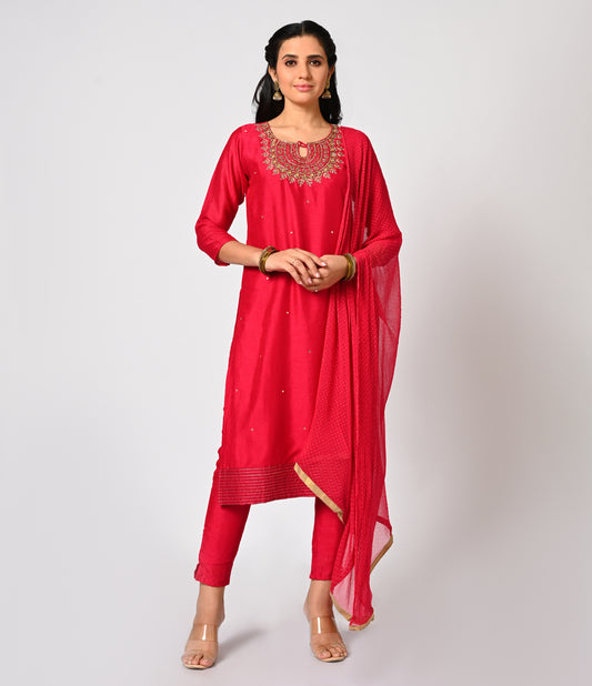 Festive Rani Pink Straight Cut Kurti Set