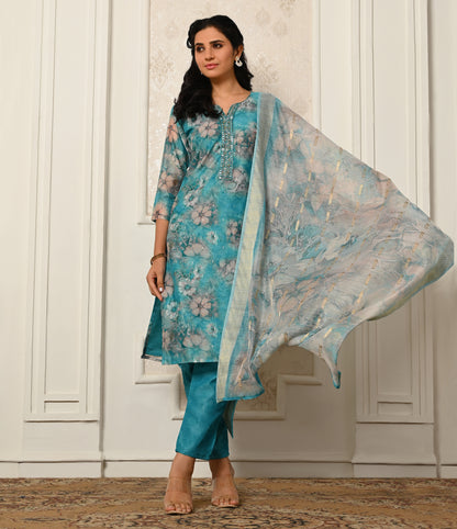 Floral Blue Digital Printed Straight Cut Salwar Kameez Set with Dupatta