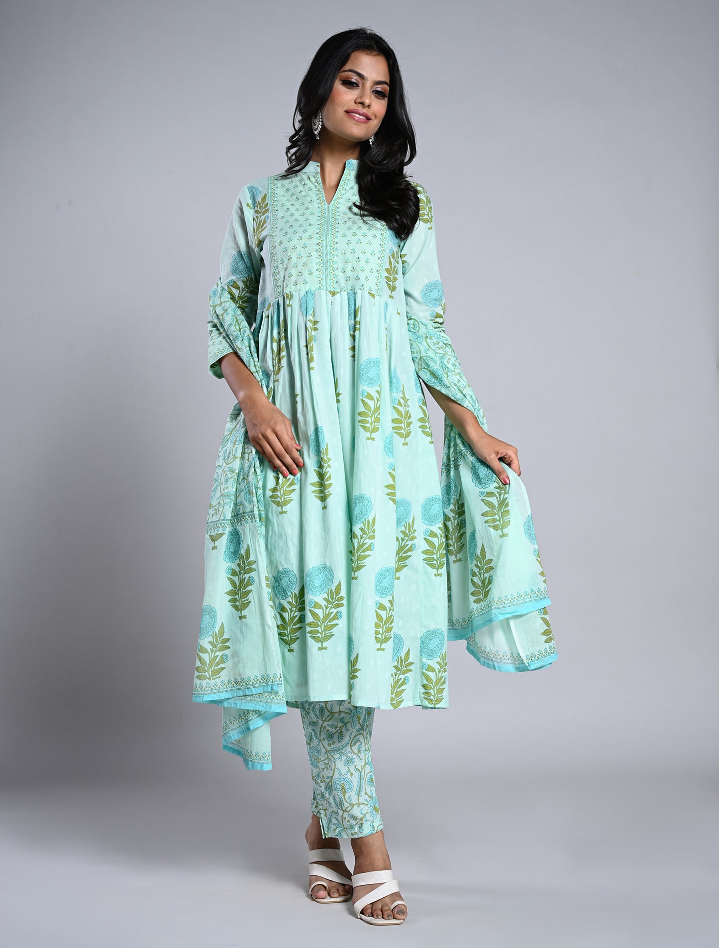 Mint Blue Anarkali Kurti Set with Dupatta