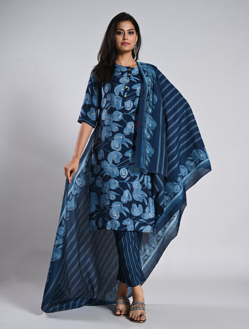 Navy Blue Floral Kurti Set in Rayon Muslin