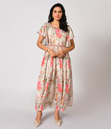 Pizza Green Snorril Printed Long Kurti with Flared Sleeves