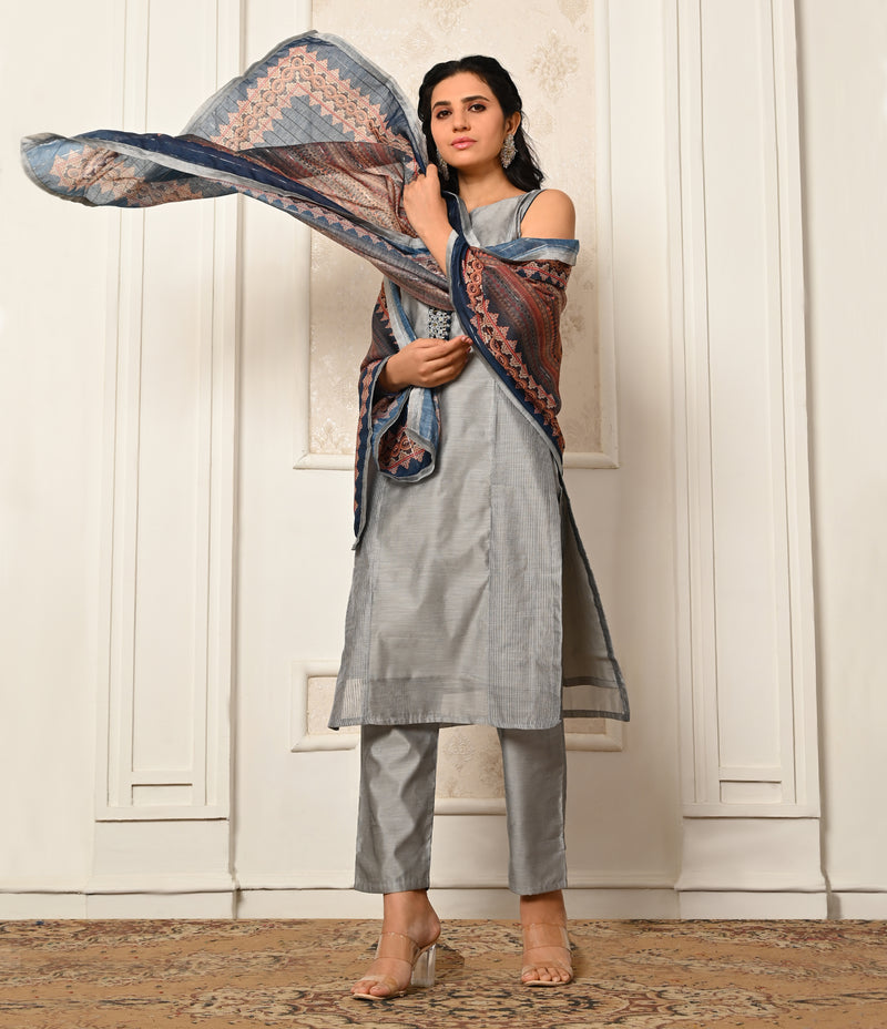 Silk Grey Straight Cut Set with Contrast Digital Print Dupatta