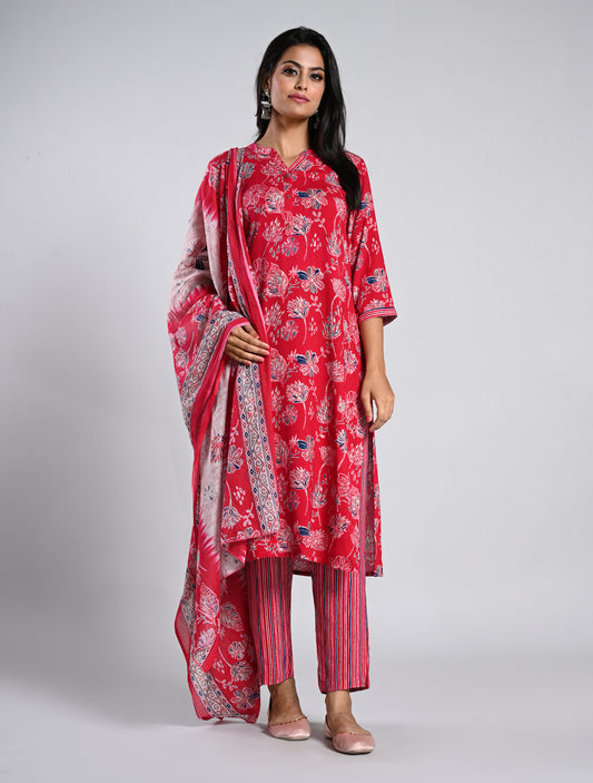 Pink Floral Printed Kurti Set with Dupatta