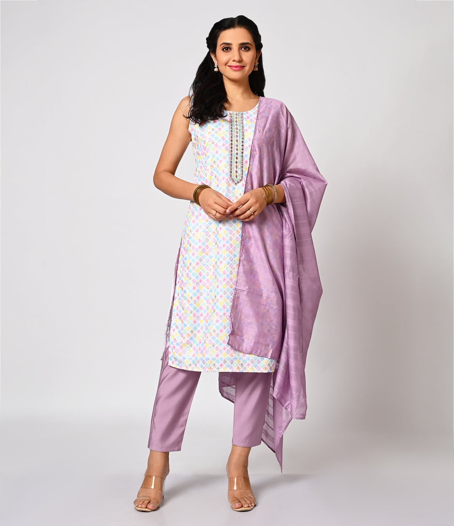 Multicolored White Straight Cut Kurti with Lilac Dupatta