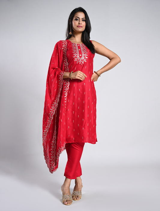 Festive Chilly Red Straight Cut Kurti Set