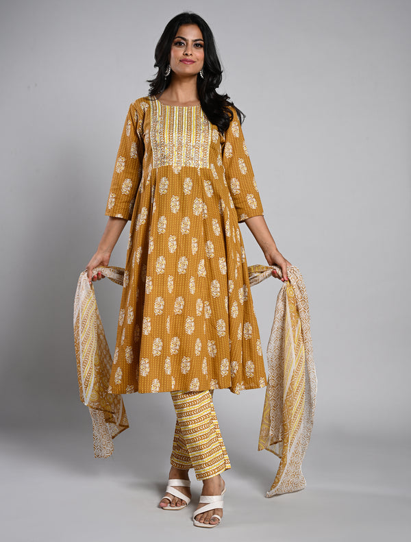 Vibrant Mustard Jaipur Cotton Kurti Set with Dupatta