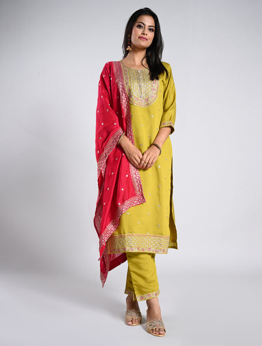 Festive Mehendi Green Straight Cut Kurti Set with Contrast Dupatta