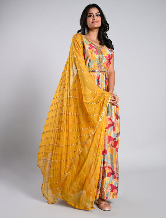 Mustard Floral Printed Festive Gown