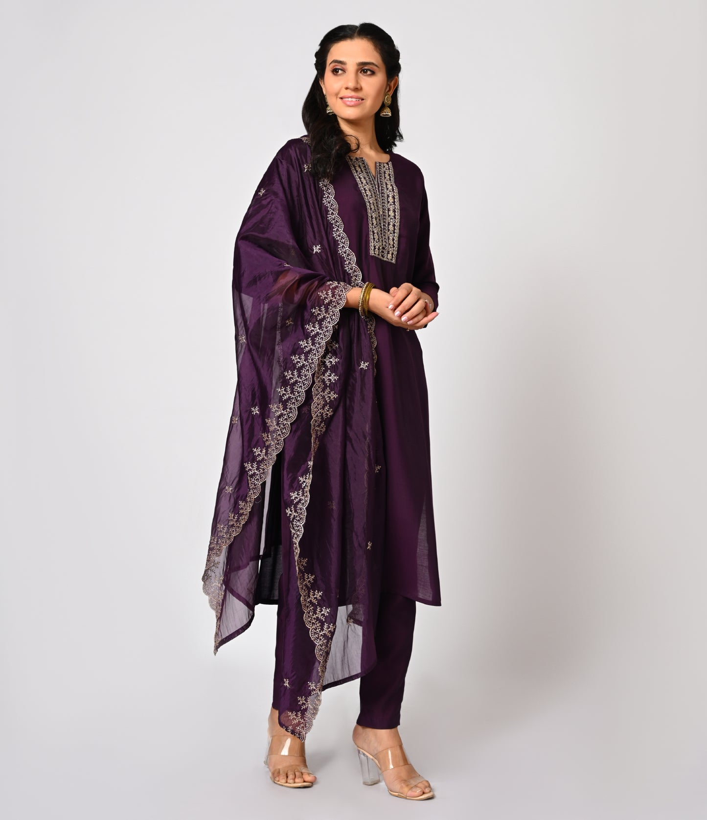 Purple Straight Cut Salwar Kameez Set with Organza Dupatta