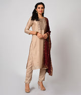 Beige Straight Cut Set with Contrast Silk Dupatta