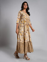 Mustard Printed Layered Alia Cut Kurti