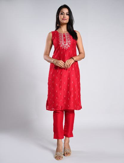 Festive Chilly Red Straight Cut Kurti Set