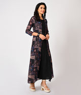 Black Western Gown with Digital Print Overcoat