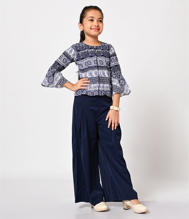 Indigo Printed Top with Palazzo Set for Girls