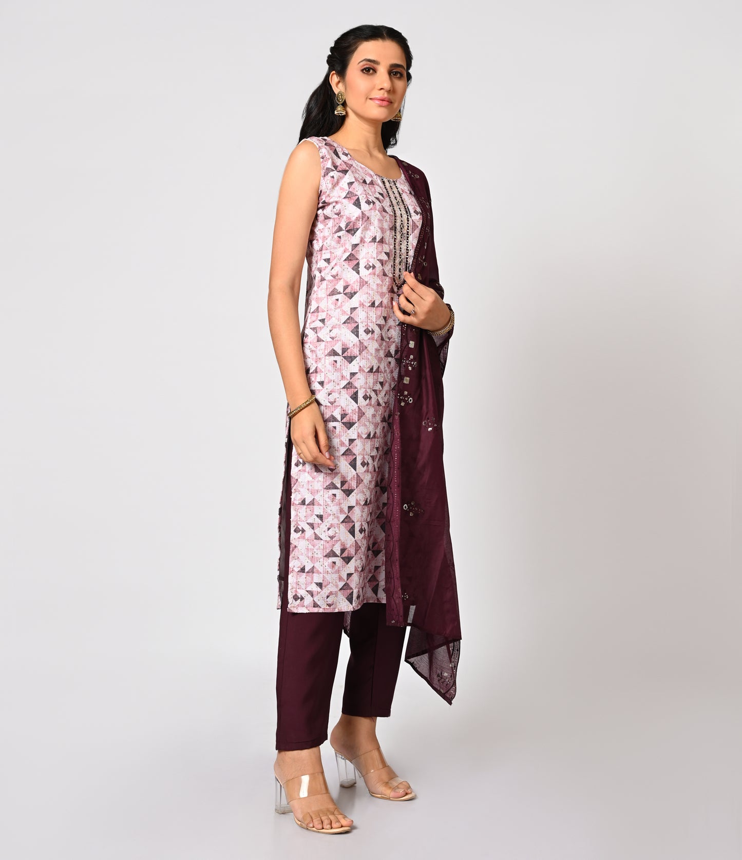 Geometric Print Straight Cut Set with Contrast Dupatta