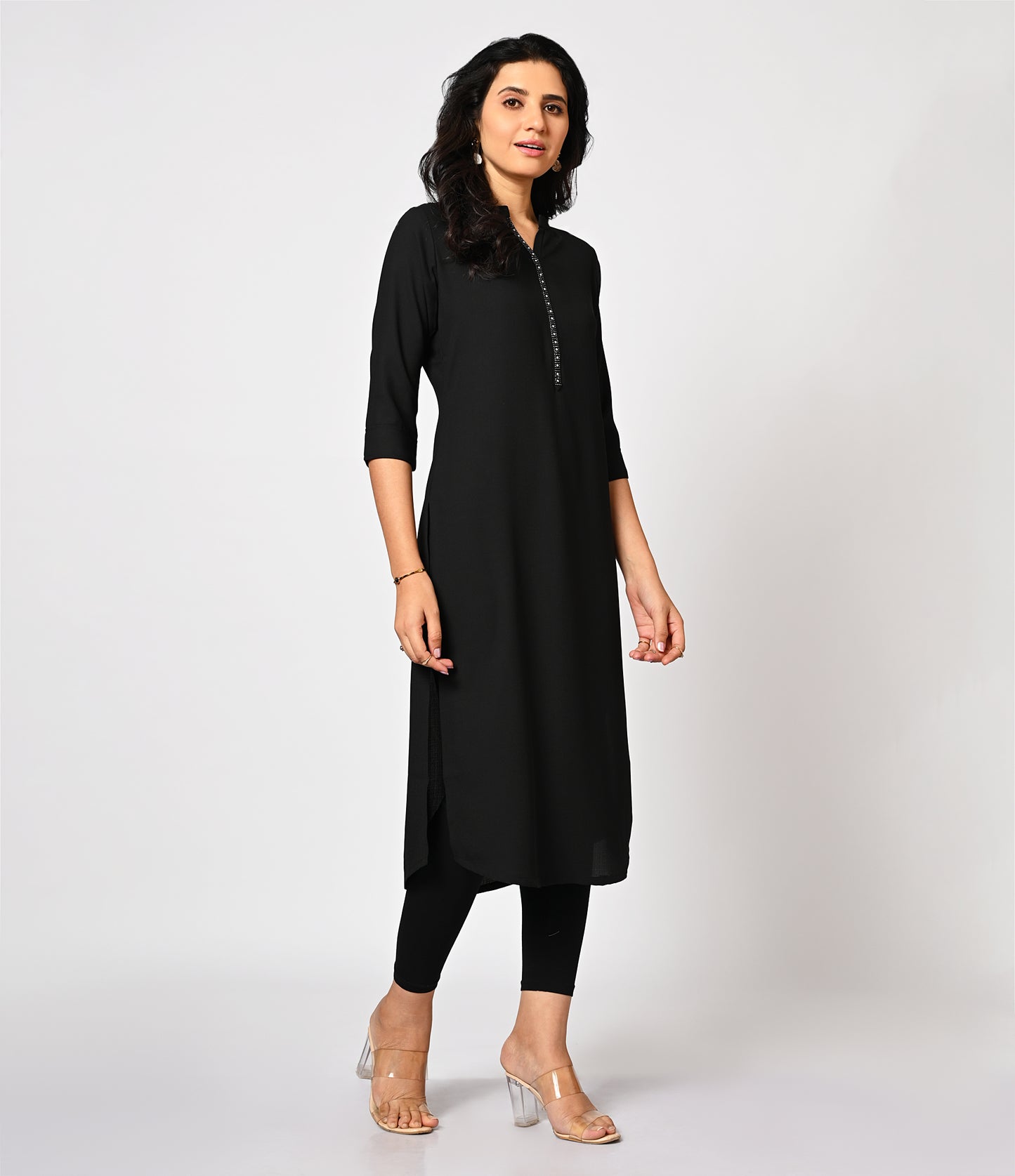 Solid Black Daily Wear Kurti with Mild Stone Work