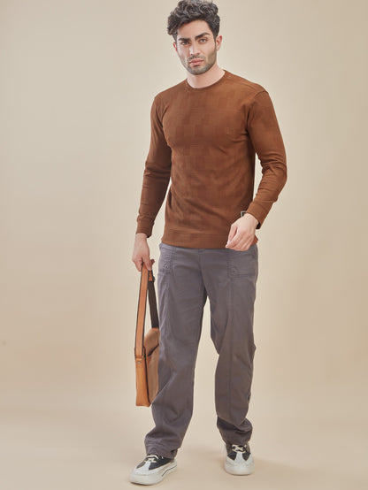 Earthy Brown Full-Sleeve T-Shirt with Patch Stripes