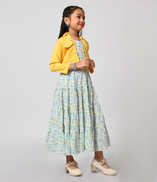 Yellow and Blue Floral Printed Frock with Jacket for Girls