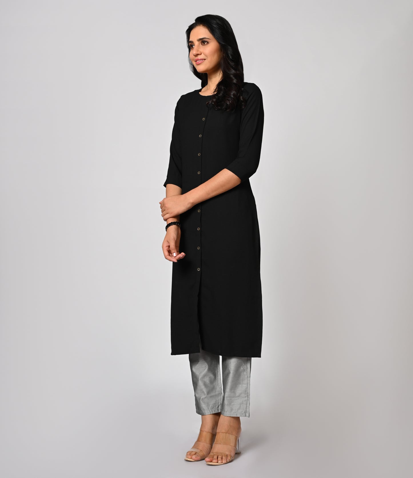 Solid Black Daily Wear Kurti with Buttons