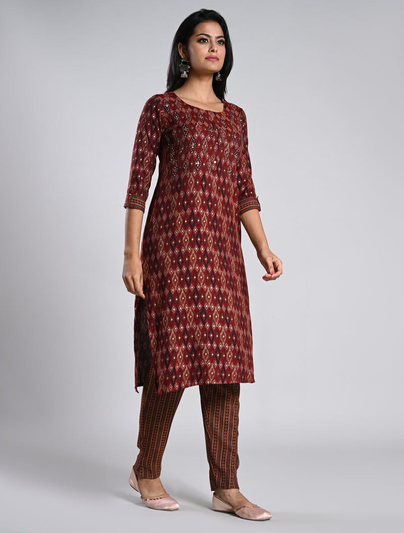 Maroon Printed Rayon Kurti Set