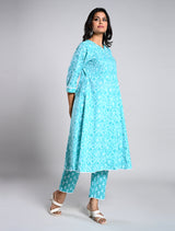 Turquoise Blue Anarkali Cotton Kurti Set with Dupatta