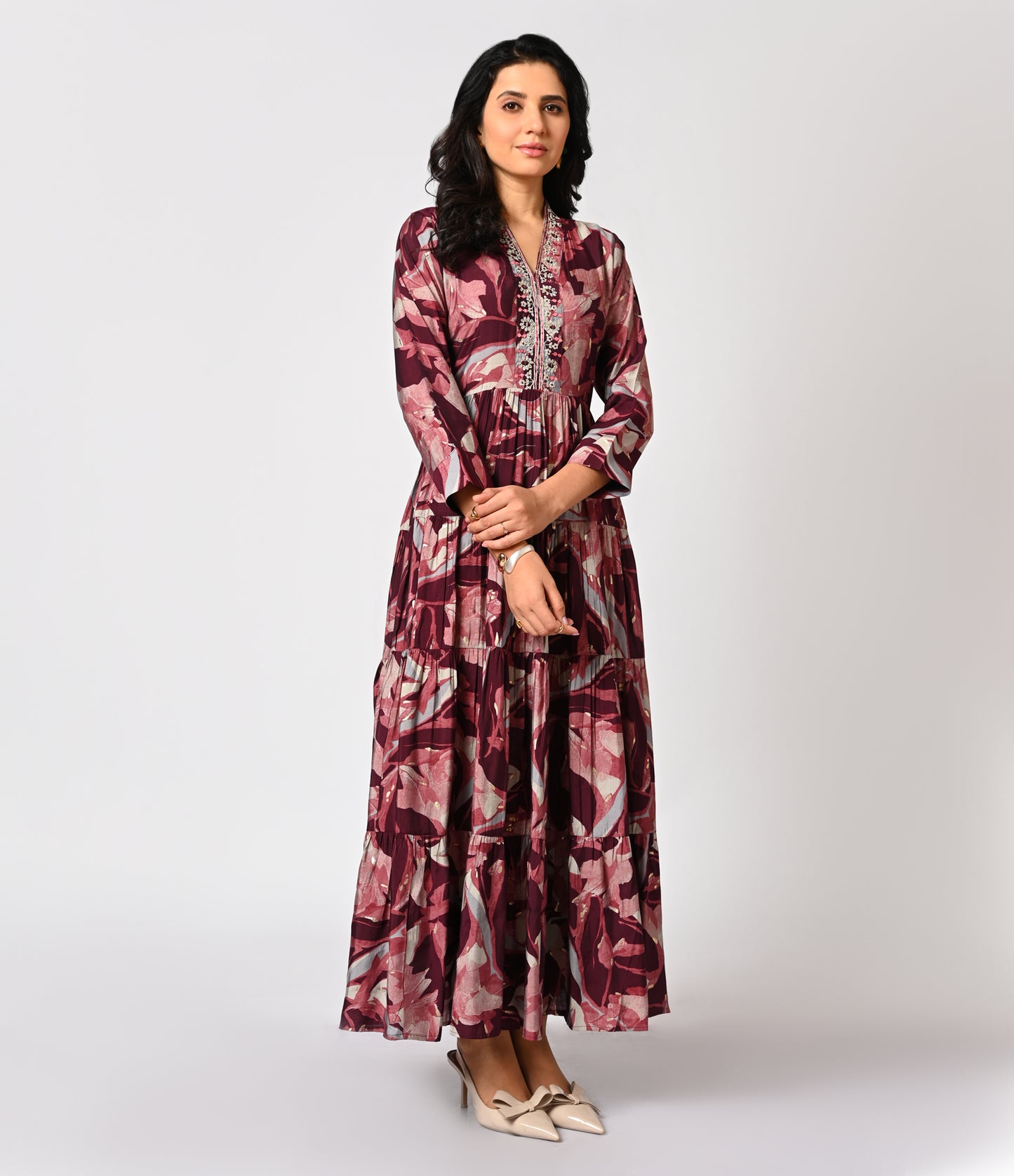 Layered Floral Printed Long Kurti with V Neck