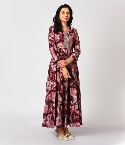 Layered Floral Printed Long Kurti with V Neck