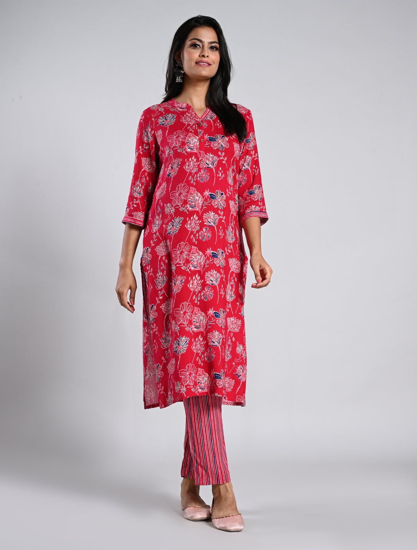 Pink Floral Printed Kurti Set with Dupatta