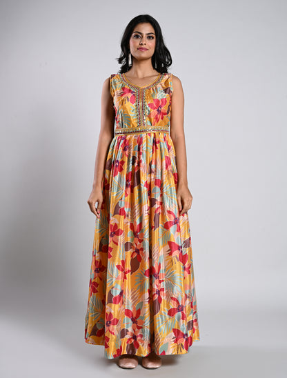 Mustard Floral Printed Festive Gown