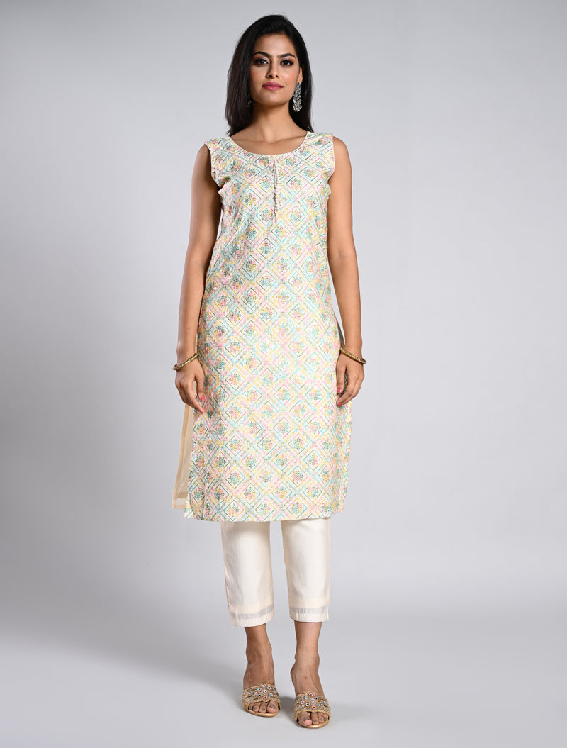 Elegant White Straight Cut kurti Set with Multicolored Dupatta