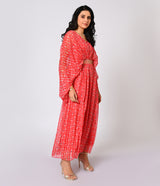 Vibrant Red Floral Printed Georgette Gown with Statement Sleeve