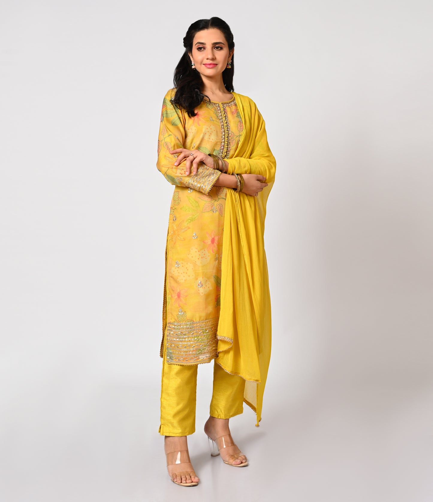 Printed Yellow Crepe Straight Cut Set with Dupatta