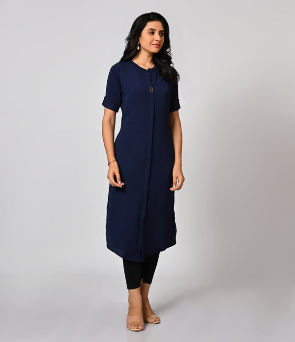 Solid Blue Crushed Fabric Kurti