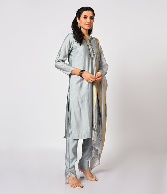 Elegant Grey Straight Cut Set with Contrast Printed Dupatta