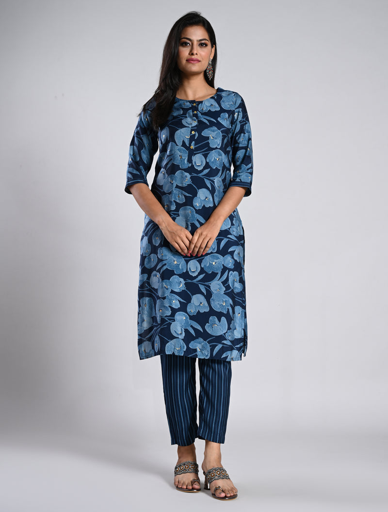 Navy Blue Floral Kurti Set in Rayon Muslin