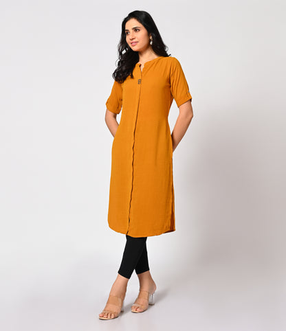 Solid Mustard Crushed Fabric Kurti