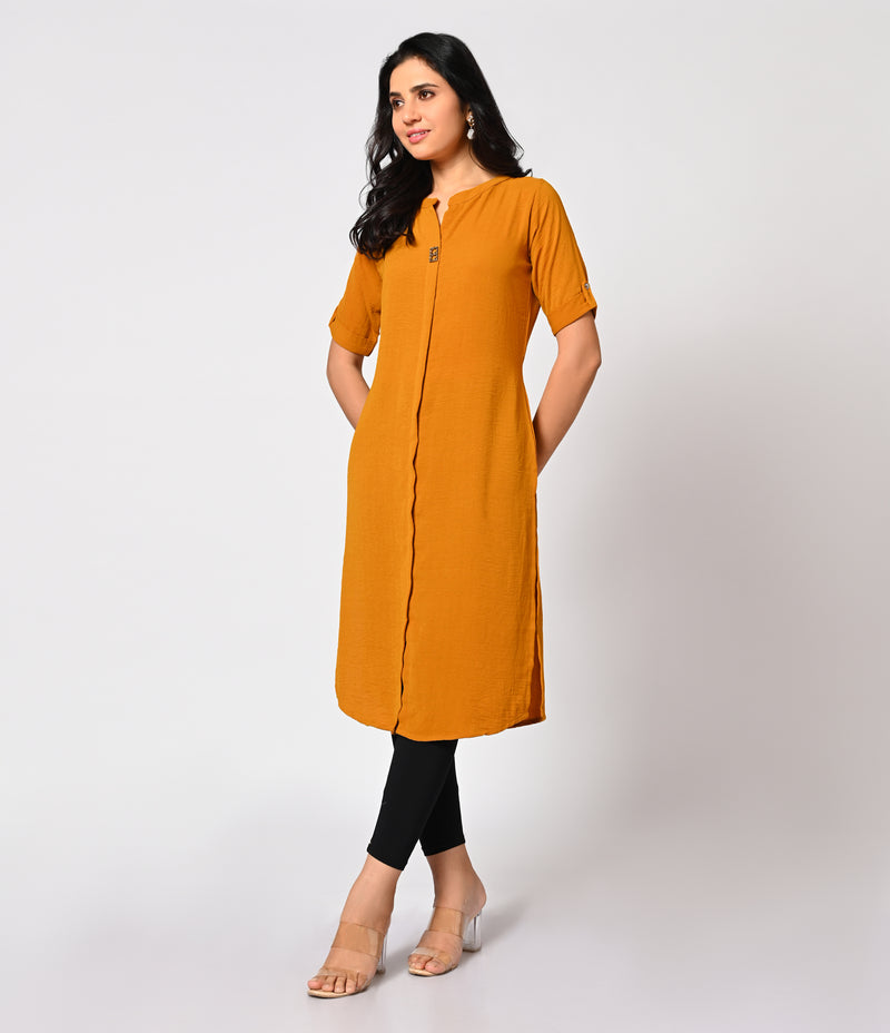 Solid Mustard Crushed Fabric Kurti