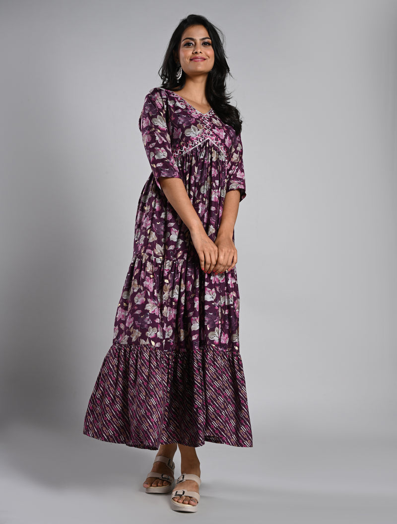 Purple Printed Alia Cut Kurti