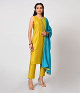 Lime Green Straight Cut Set with Contrast Blue Dupatta