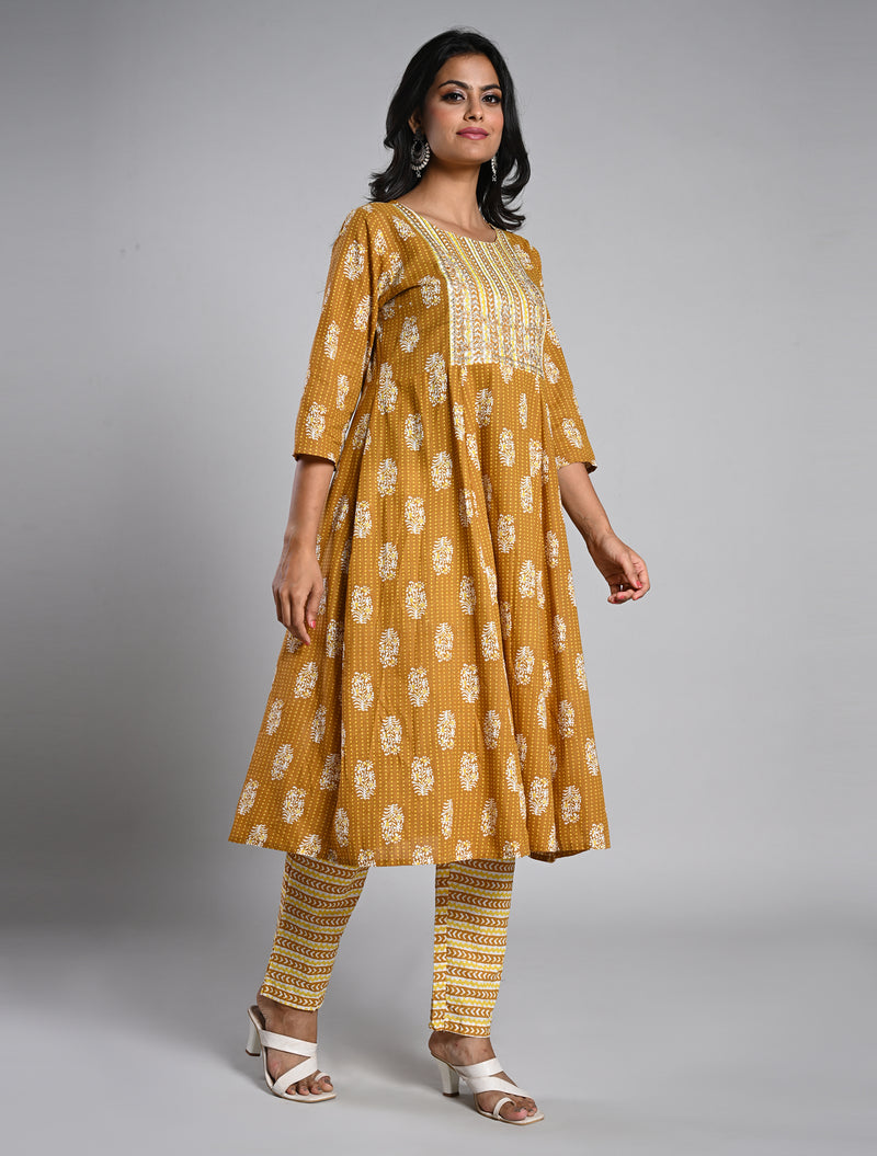 Vibrant Mustard Jaipur Cotton Kurti Set with Dupatta