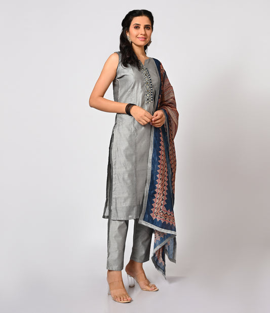 Silk Grey Straight Cut Set with Contrast Digital Print Dupatta