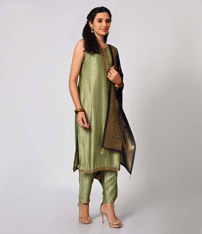 Dusty Green Straight Cut Set with Contrast Navy Blue Dupatta