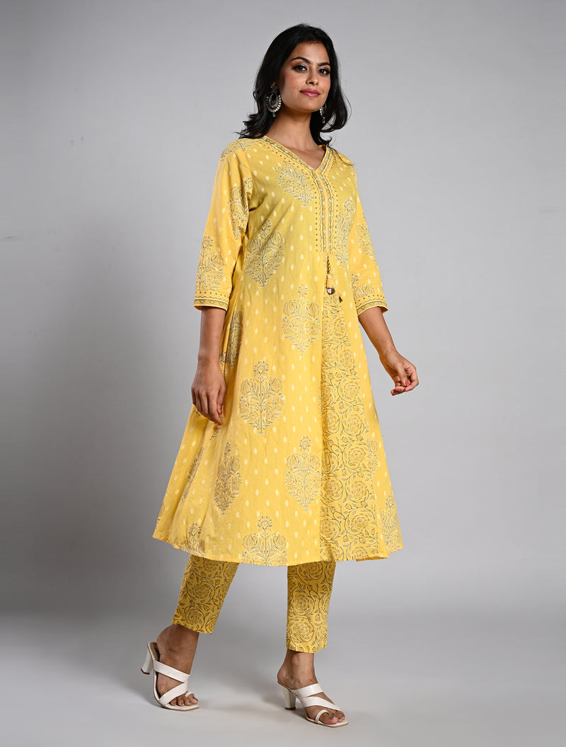 Soft Yellow Jaipur Cotton Kurti Set with Dupatta