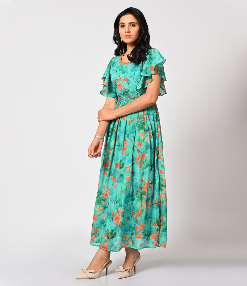 Vibrant Sea Green Floral Printed Gown